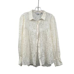 CALLIGRAPHIE Womens Lace Button Up Top Long Sleeve Ivory Size Large